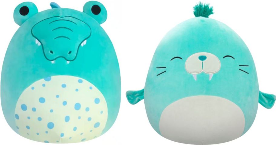 a green alligator and walrus squishmallow plush