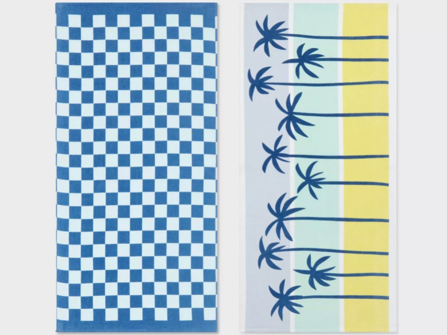 blue checker and beach palm tree beach towels 