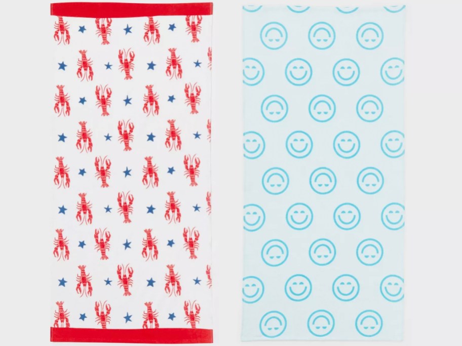 lobster and blue smiley face beach towels 
