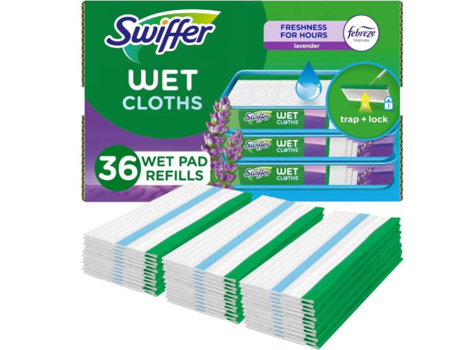 Swiffer Sweeper Wet Mopping Cloths 36-Count - Lavender box with cloths in front of it