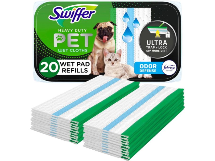 Swiffer Sweeper Pet Heavy Duty Wet Cloths 20-Count box with cloths in front of it