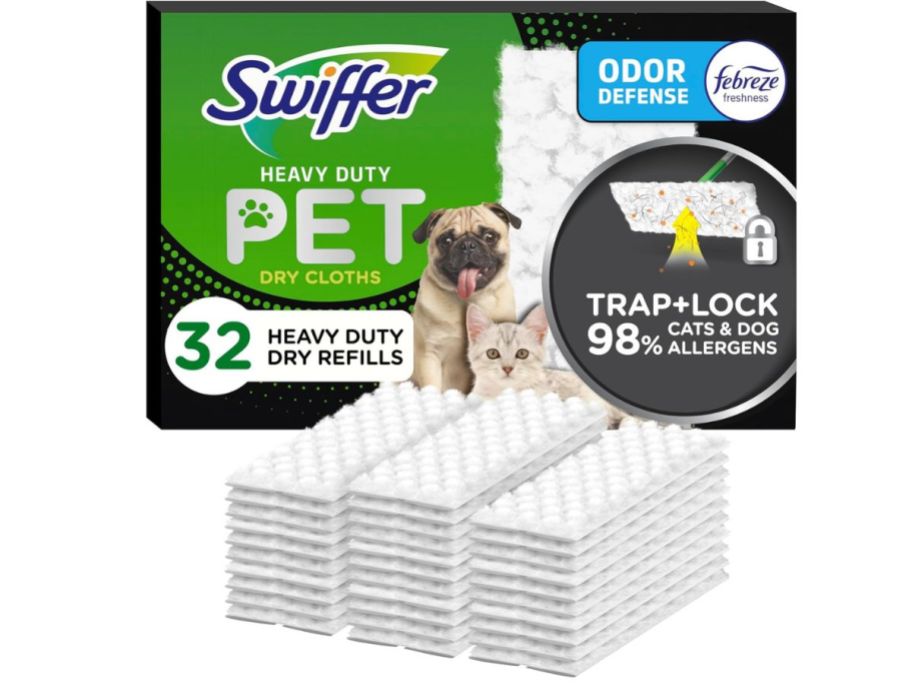 Swiffer Sweeper Pet Heavy Duty Dry Cloths 32-Count box with cloths in front of it