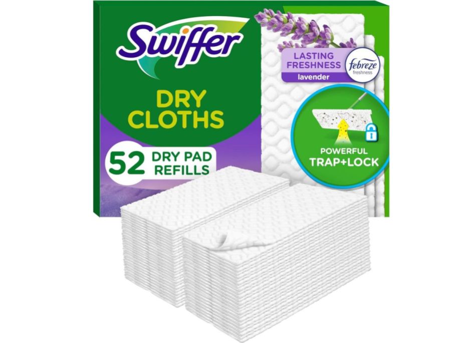 Swiffer Dry Mop Refills Lavender 52-Count box with cloths in front of it