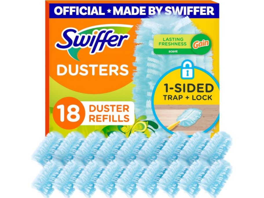 Swiffer Dusters Multi-Surface Duster Refills w/ Gain 18-Count box with dusters in front of it
