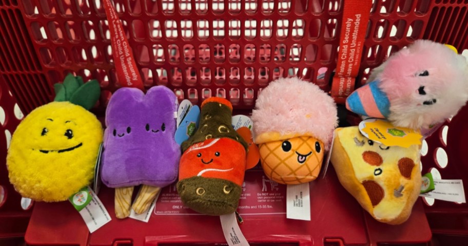 various food themed plush toys in a Target cart