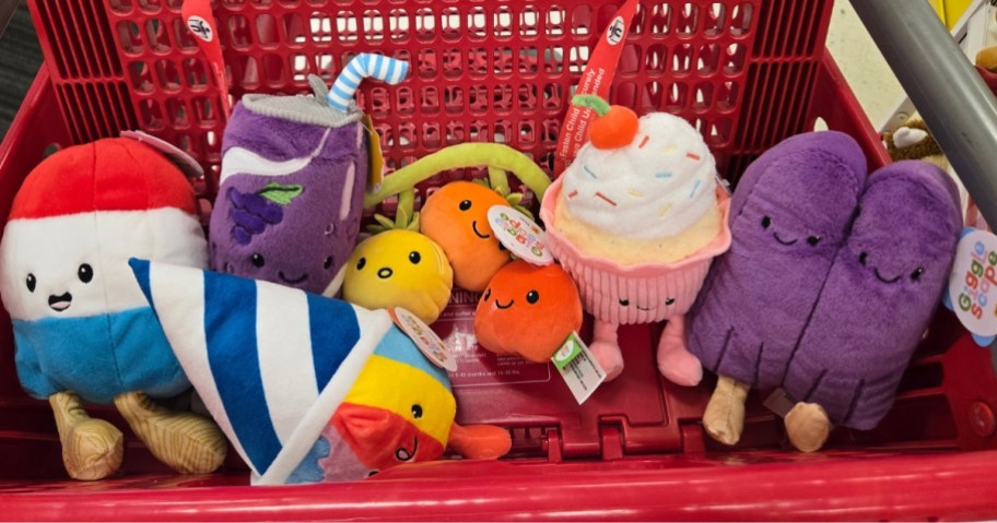 various food themed plush toys in a Target cart