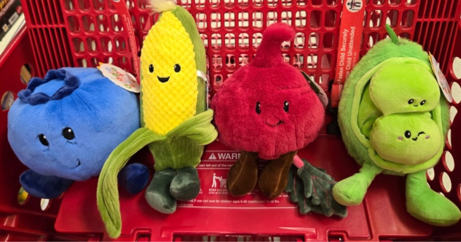 plush blueberry, corn on the cob, radish, and peas in a pod toys in a Target cart