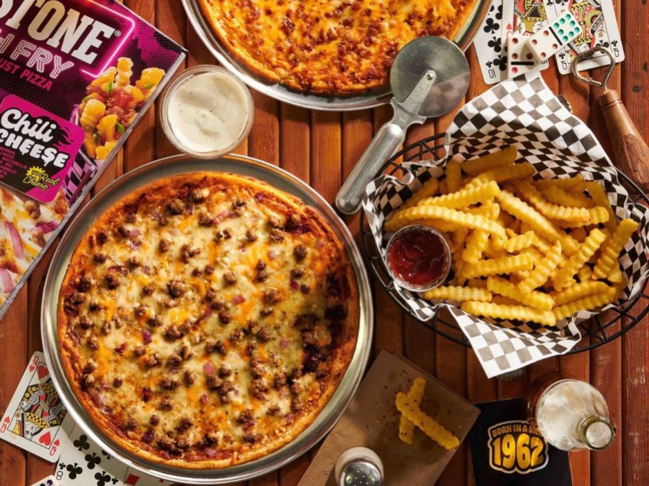 tombstone pizza and fries on table