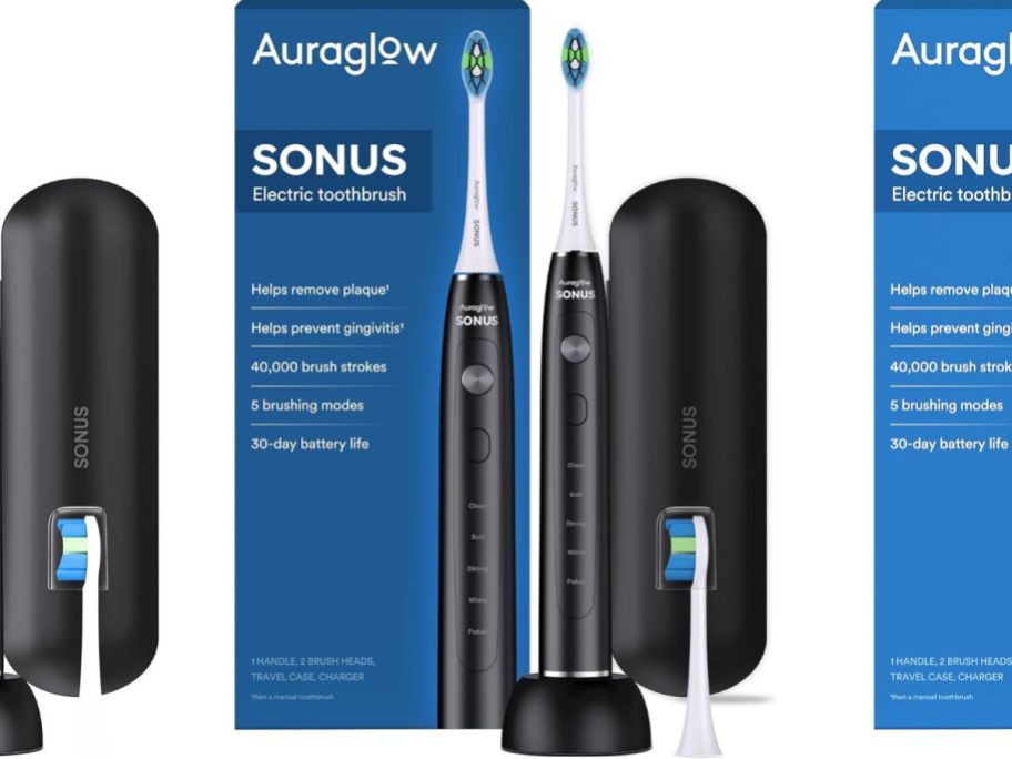 Auraglow Electric Toothbrush box with toothbrush and case with extra brush head in front of it
