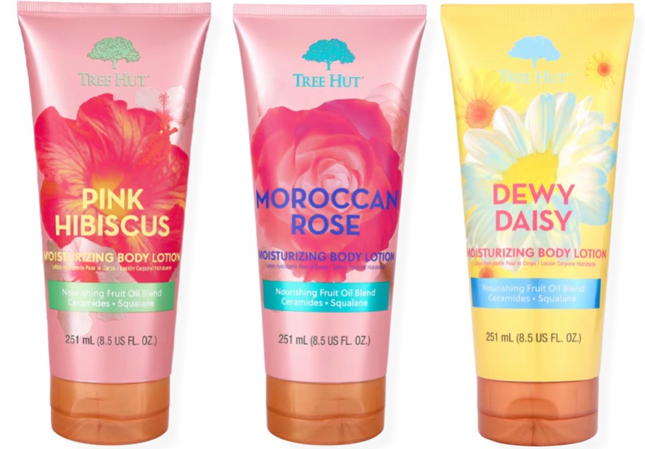pink hibiscus, moroccan rose, and dewy daisy body lotion bottles 
