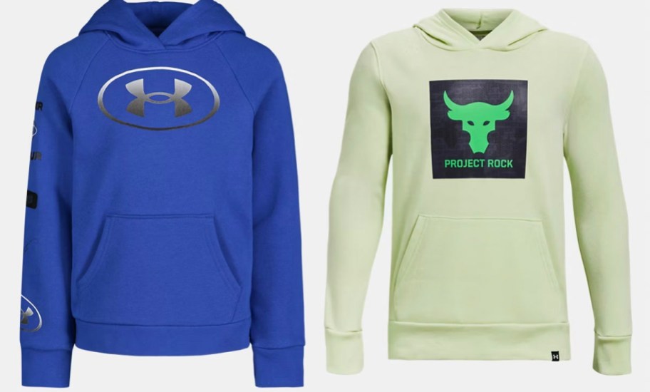 blue and lime green underarmour hoodies 