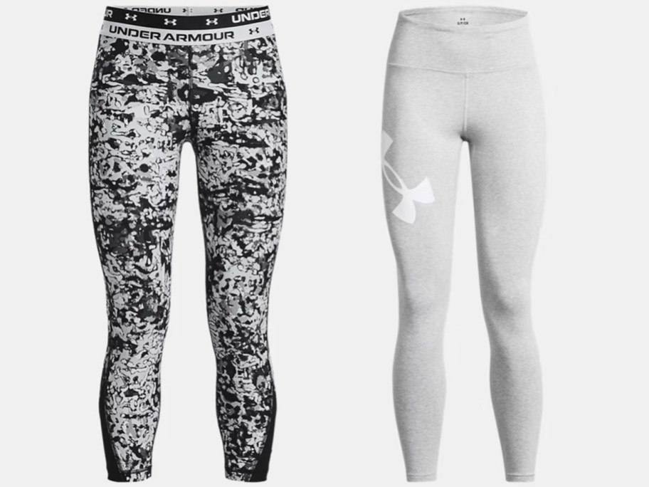 black and gray camo, and gray womens under armour leggings 