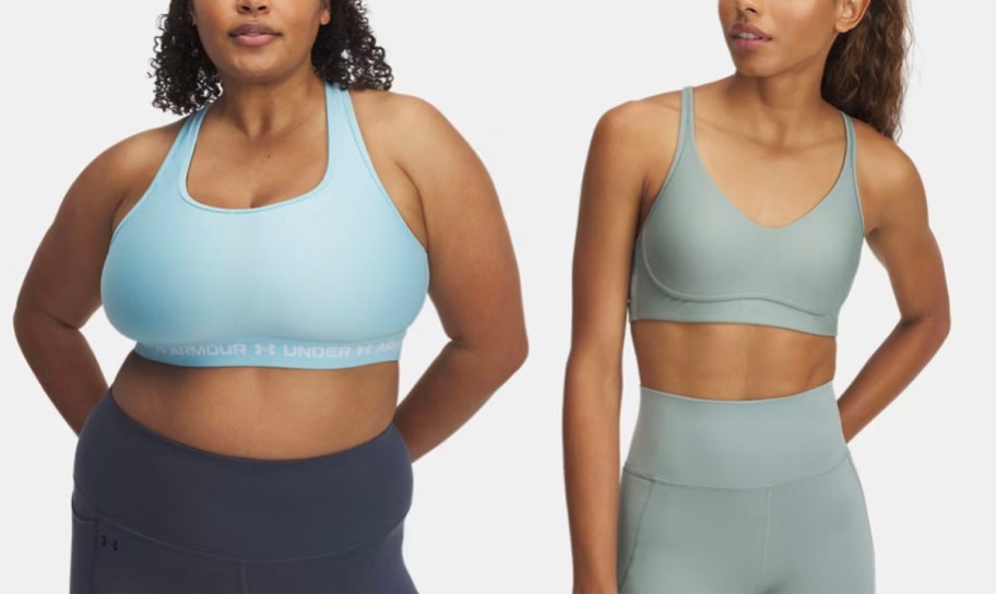 two women wearing blue and green sports bras