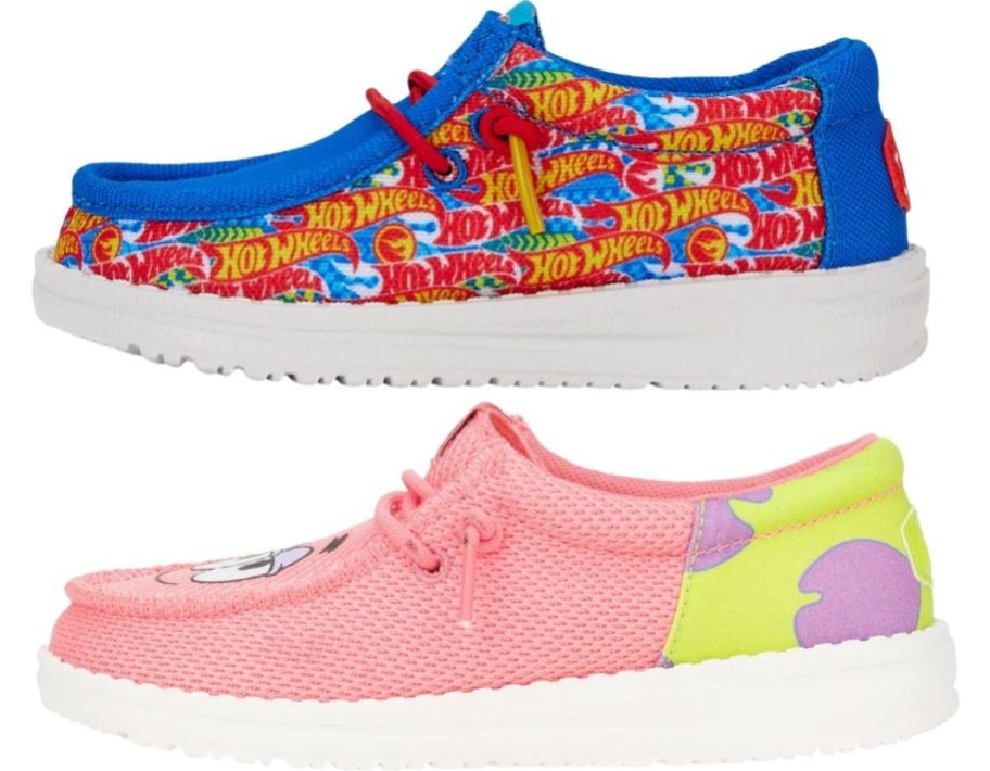 a red and blue car print casual kids shoe shown with a pink girls shoe