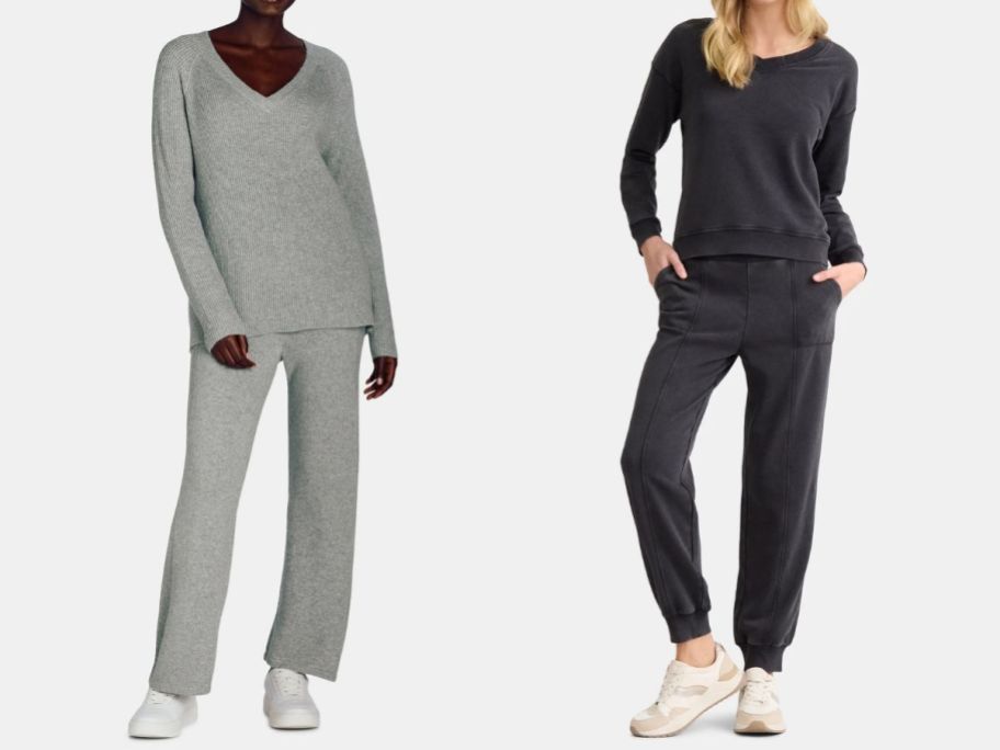 two women wearing lounge sets in grey and black