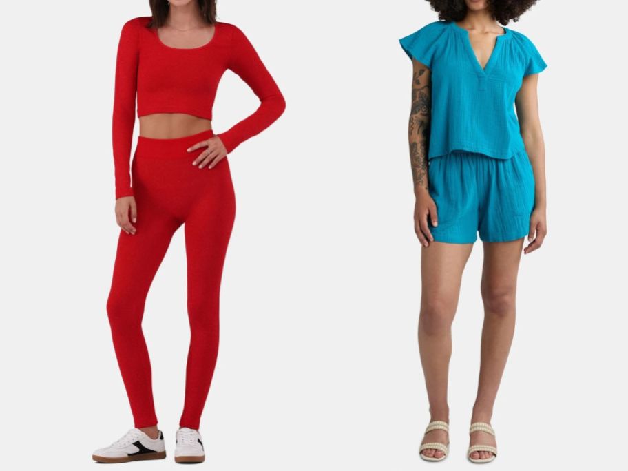 two women wearing lounge sets in red and blue