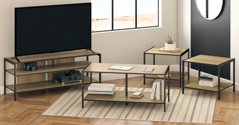brown and black coffee table, night stands and tv stand with tv 