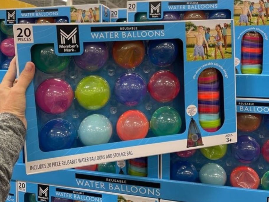 Member's Mark Self-Sealing Reusable Water Balloons 20-Piece box in hand in store