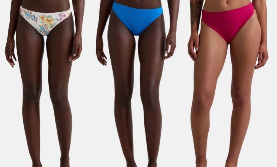 3 models in 3 styles of bikini bottoms