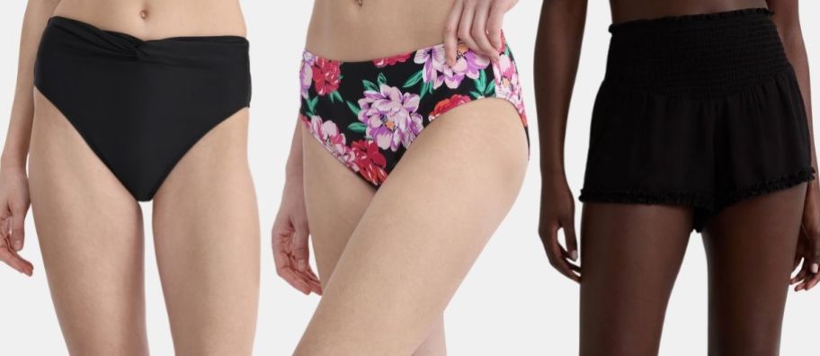 3 models in 3 styles of bikini bottoms