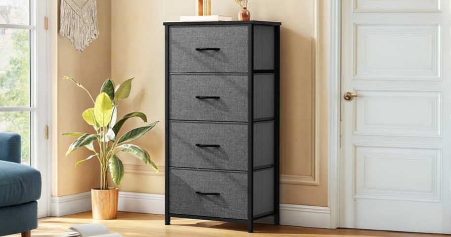 grey fabric dresser in a living room