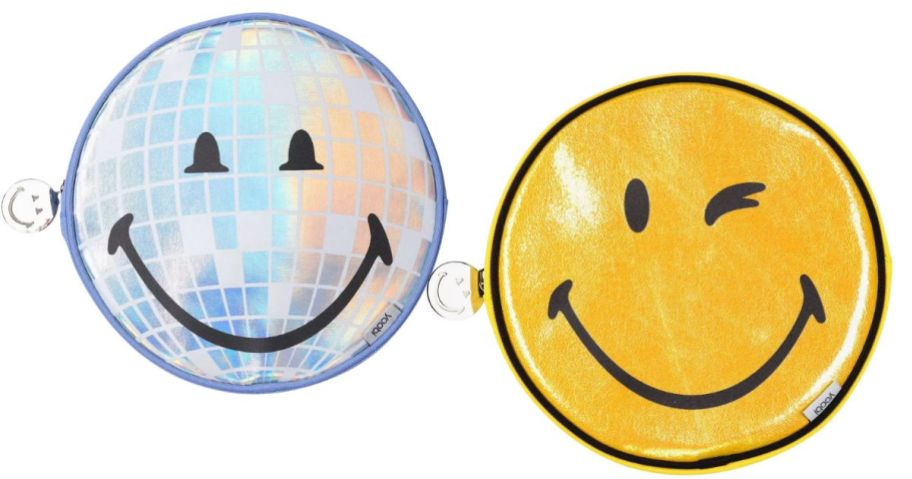 a disco ball designed Yoobi SmileyWorld pencil pouch and a yellow Yoobi SmileyWorld pencil pouch