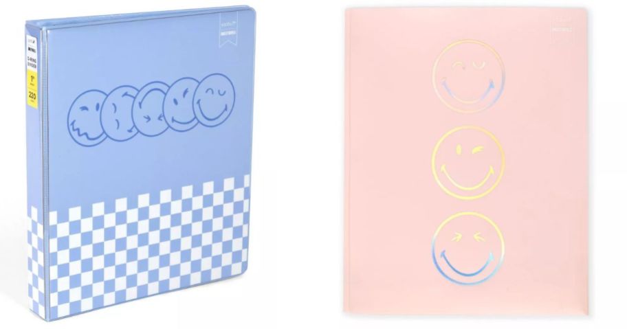 a blue Yoobi SmileyWorld binder and a pink Yoobi SmileyWorld folder