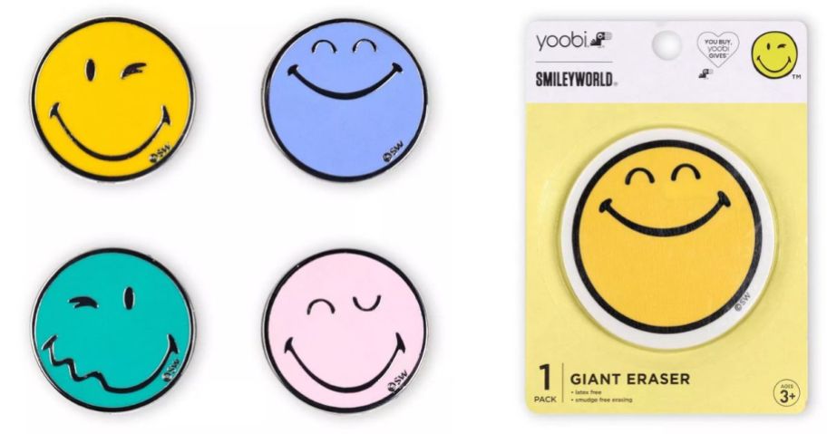 a Yoobi SmileyWorld pin set and a yellow Yoobi SmileyWorld eraser