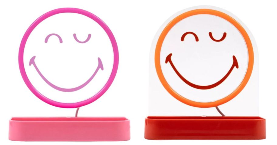 a pink and an orange Yoobi SmileyWorld LED Desk Tray