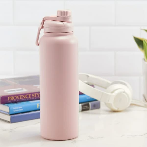 Mainstays 40 fl oz Pearl Blush Pink Insulated Stainless Steel Water Bottle with Chug Lid