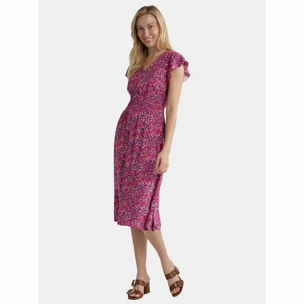 Time and Tru Women's and Women's Plus Smocked Waist Midi Dress with Short Sleeves deal