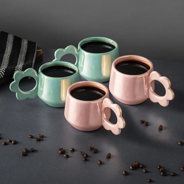 Thyme & Table Pink and Green Pearl with Flower-Shaped Handle Mugs 4-Pack